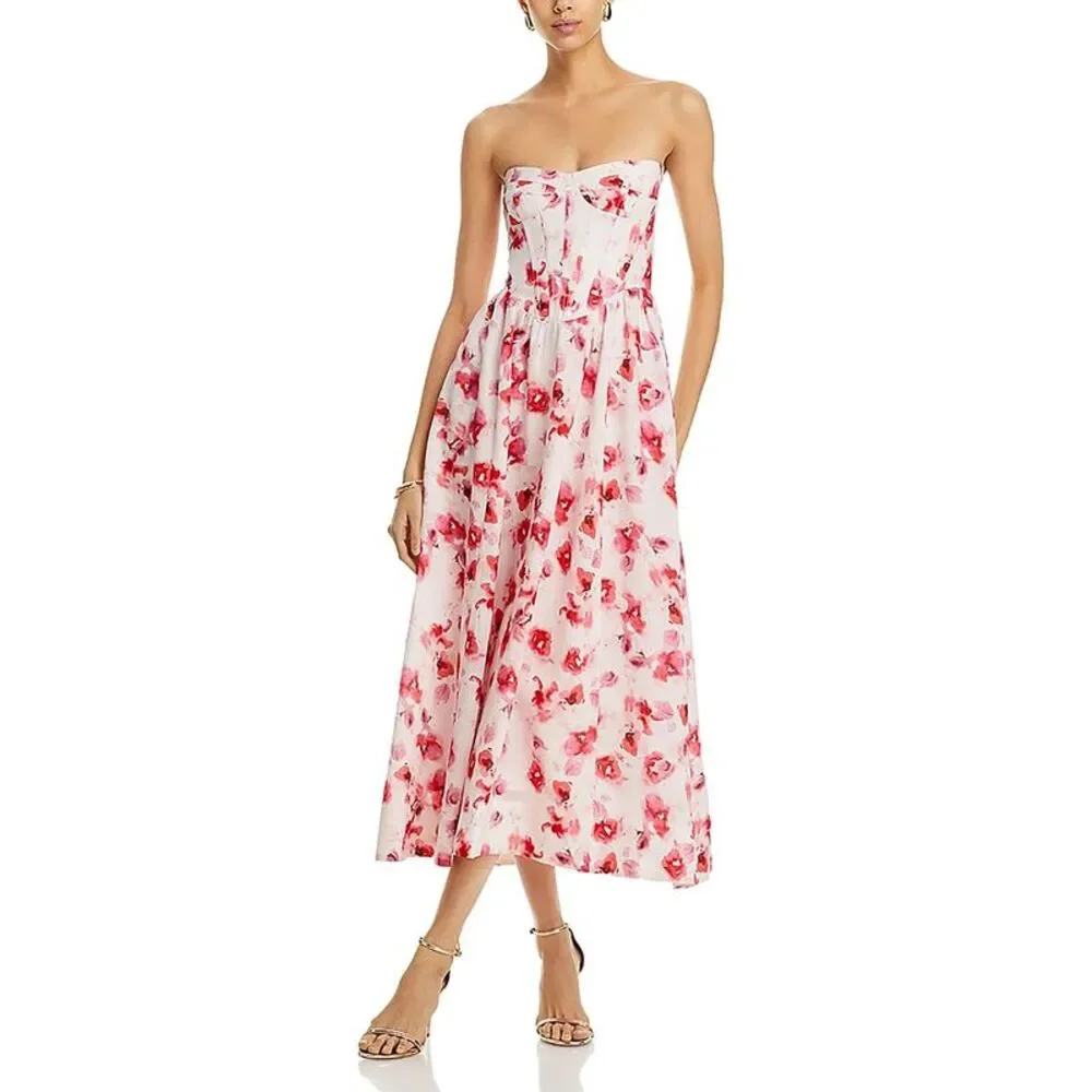 Bardot Womens Lola Pink Corset Floral Print Strapless Midi Dress NWT
